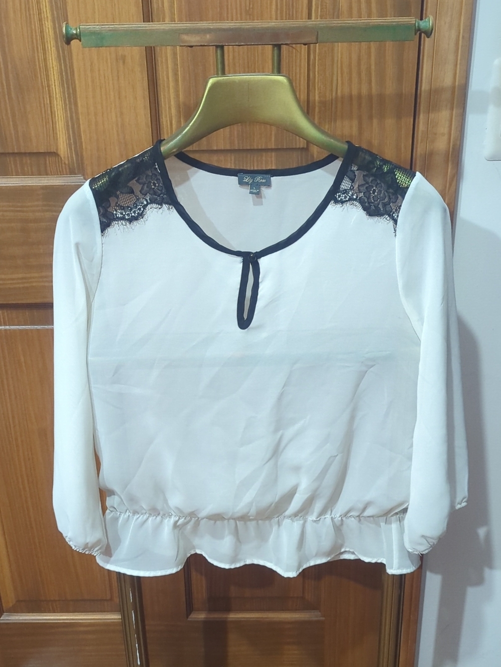 Lily Rose White Blouse with Black Lace Shoulders
